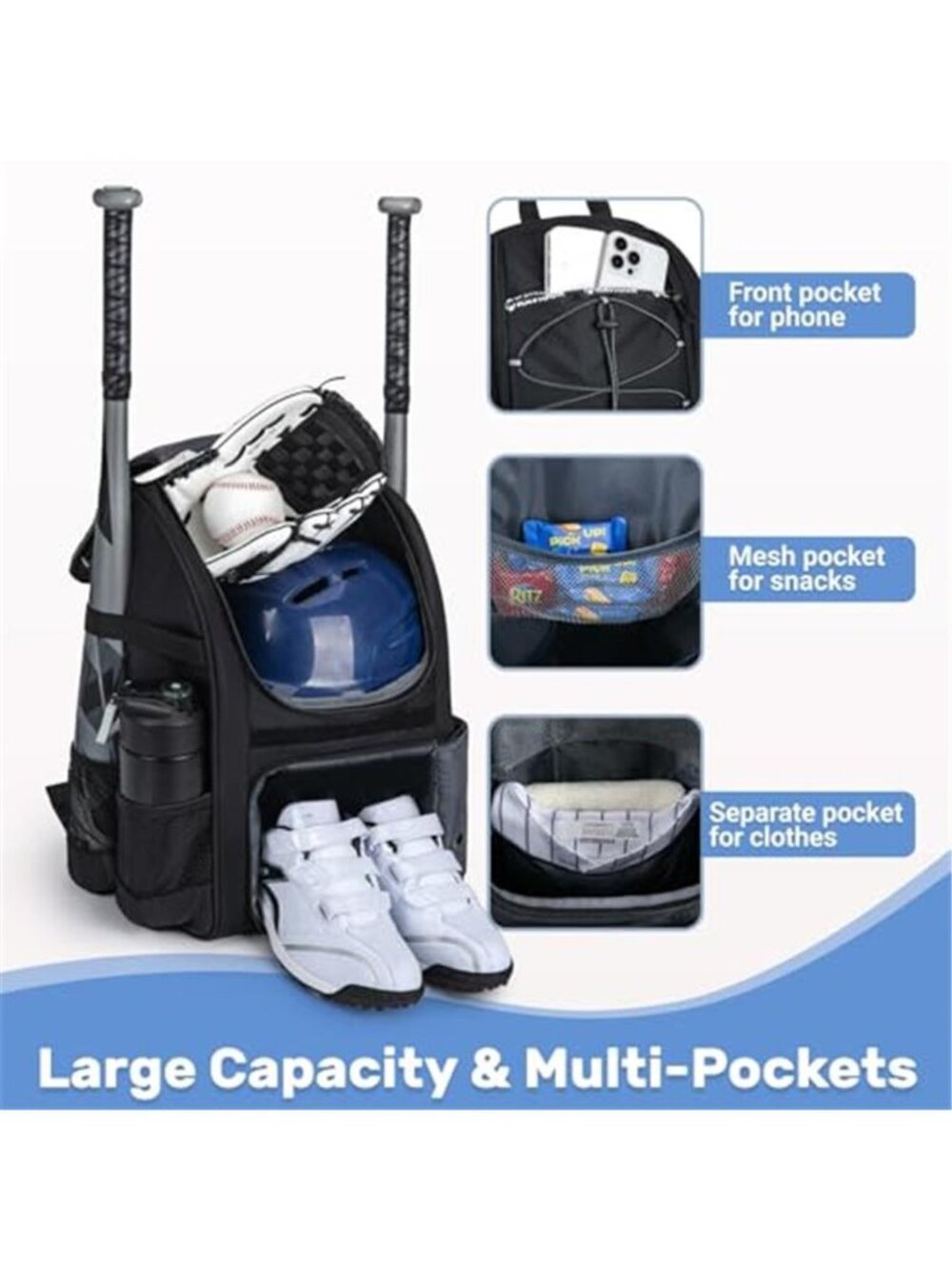 Youth Baseball Bag, Softball Bag for Girls & Boys, Kids T ball Backpack - Picture 3 of 7